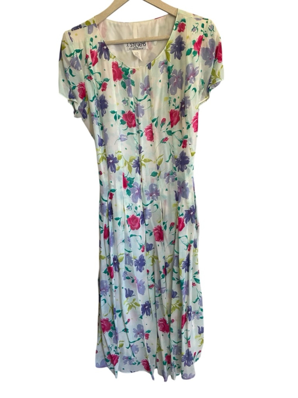 Vintage 90's Floral Midi Tie-Back Dress in White Pink & Purple Flowers Size 10